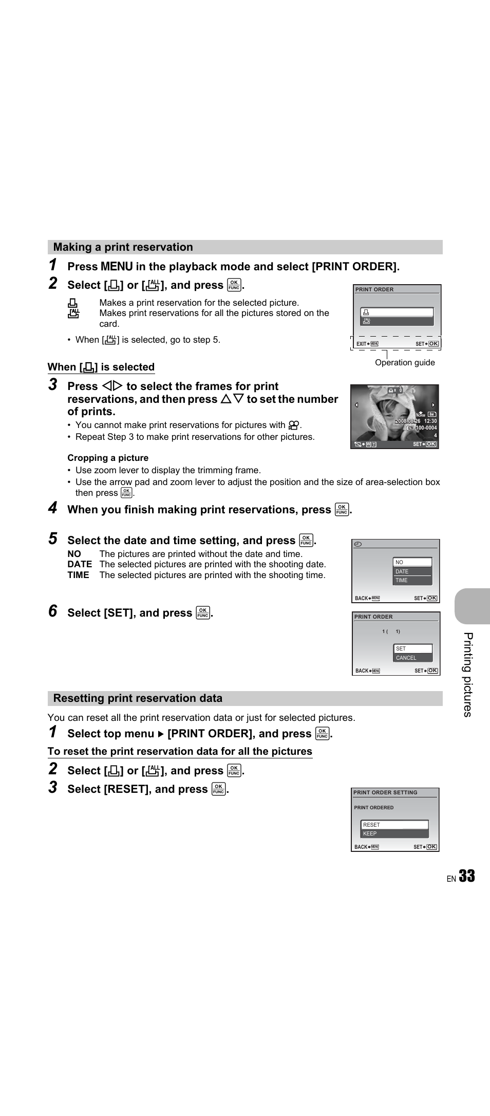 Making a print reservation, Resetting print reservation data, Pri n ting pi ct ures | Select [ < ] or [ u ], and press, When you finish making print reservations, press, Select the date and time setting, and press, Select [set], and press, Select top menu [print order], and press, When [ < ] is selected | Olympus FE-350 Wide User Manual | Page 33 / 63