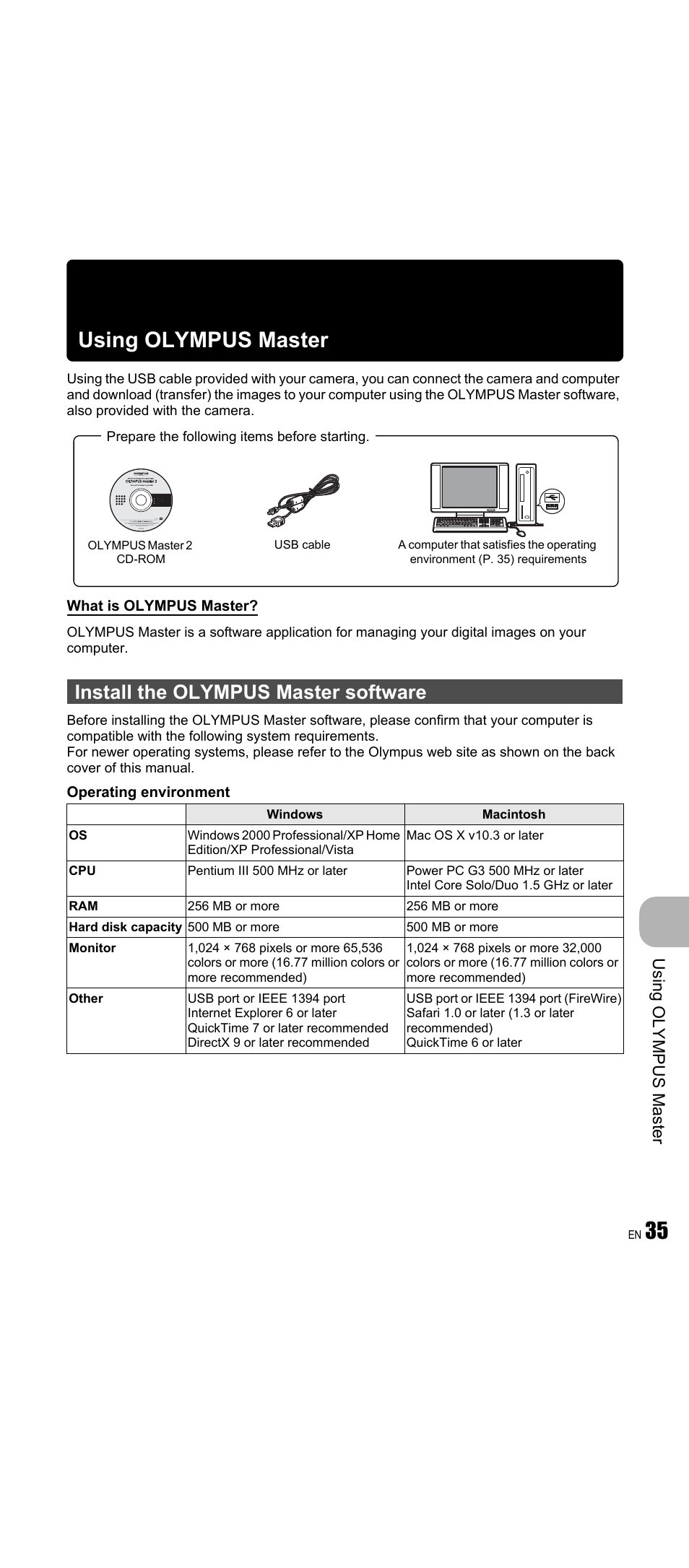 Using olympus master, Install the olympus master software, P. 35 | 35 using olympus master, Usi ng olympus mast er | Olympus FE-350 Wide User Manual | Page 35 / 63