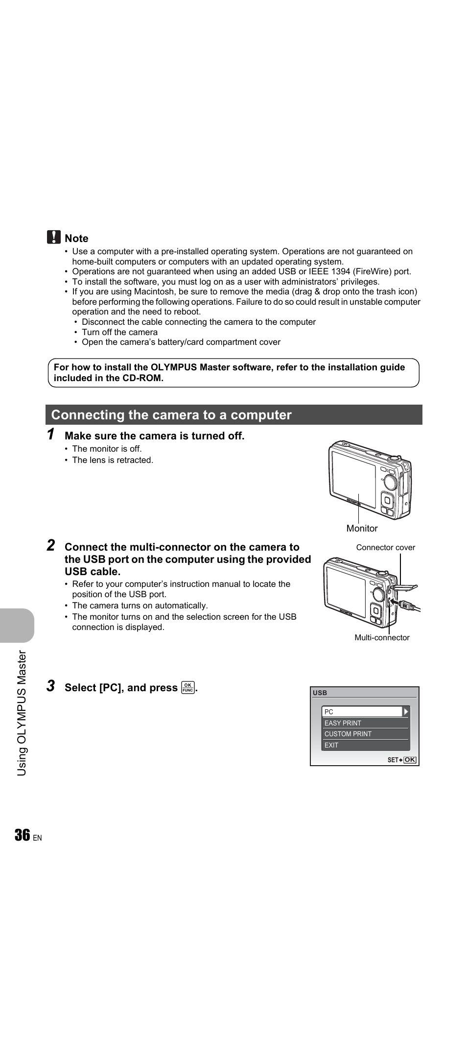 Connecting the camera to a computer, Usi ng o lympus mast er | Olympus FE-350 Wide User Manual | Page 36 / 63