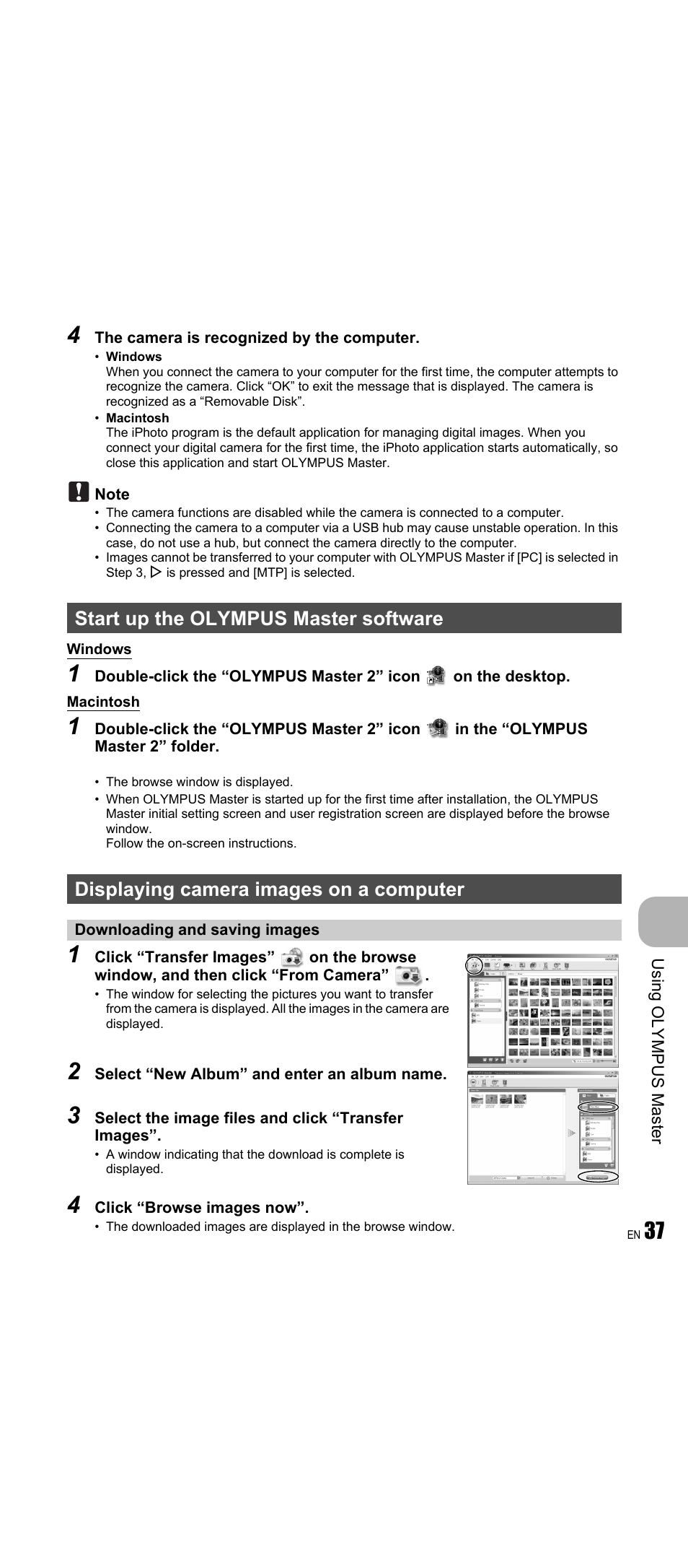 Start up the olympus master software, Displaying camera images on a computer, Downloading and saving images | Olympus FE-350 Wide User Manual | Page 37 / 63