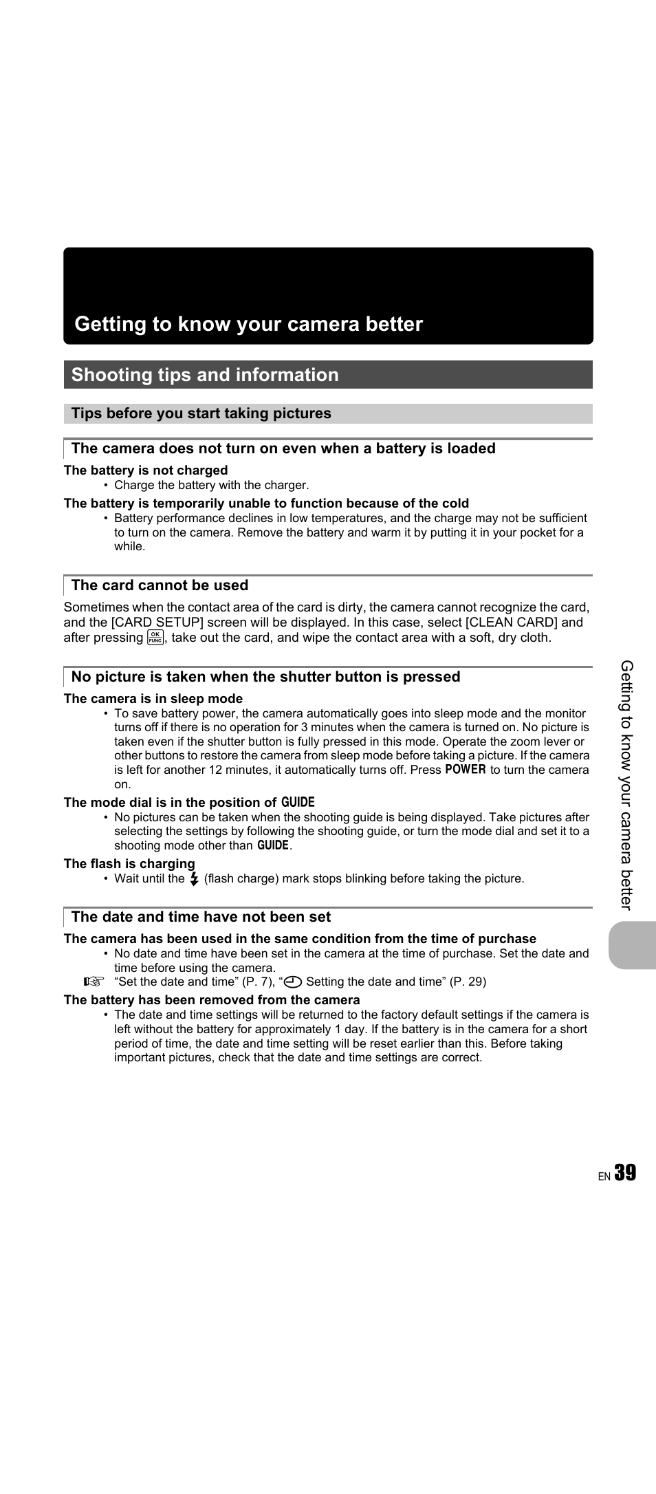 Getting to know your camera better, Shooting tips and information, Tips before you start taking pictures | The card cannot be used, The date and time have not been set, Getting to know your, Camera better, P. 39, 39 getting to know your camera better | Olympus FE-350 Wide User Manual | Page 39 / 63