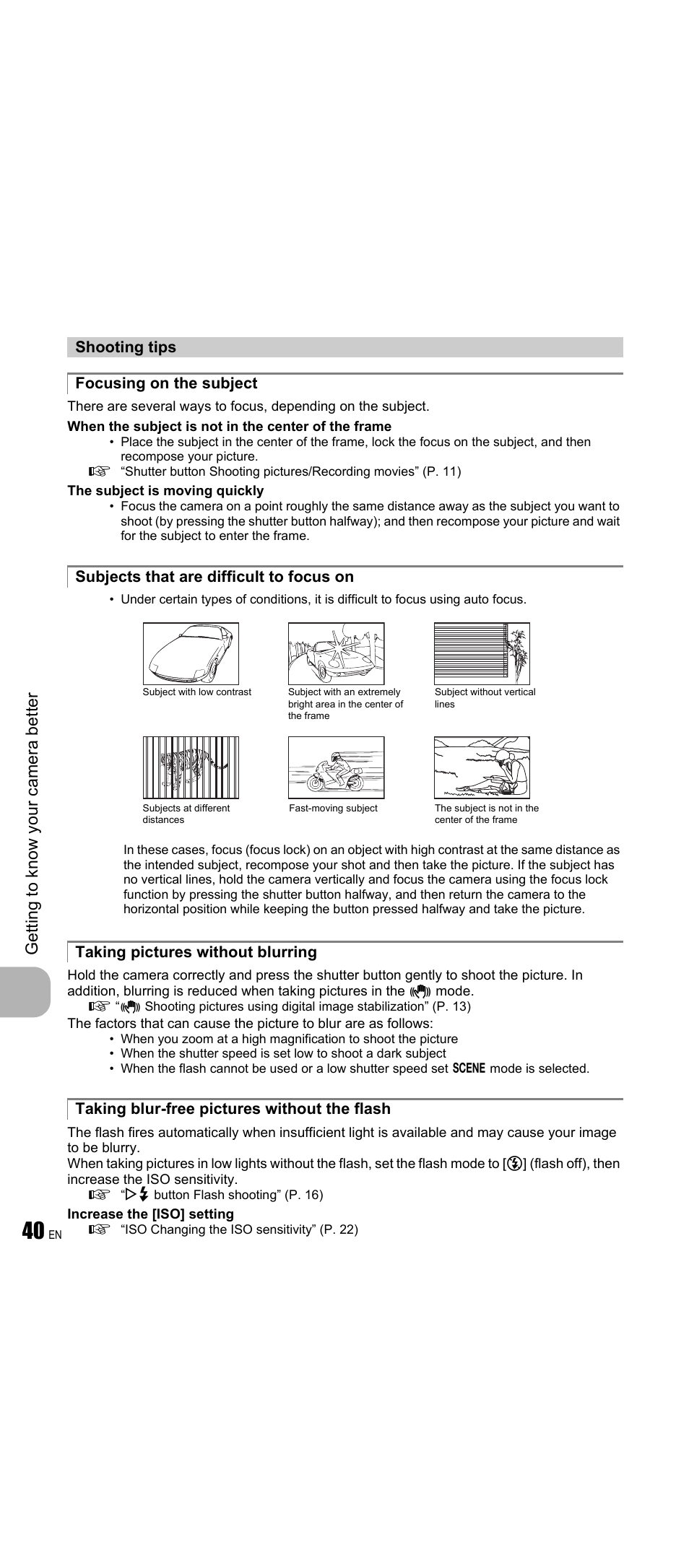 Shooting tips, Focusing on the subject, Subjects that are difficult to focus on | Taking pictures without blurring, Taking blur-free pictures without the flash | Olympus FE-350 Wide User Manual | Page 40 / 63