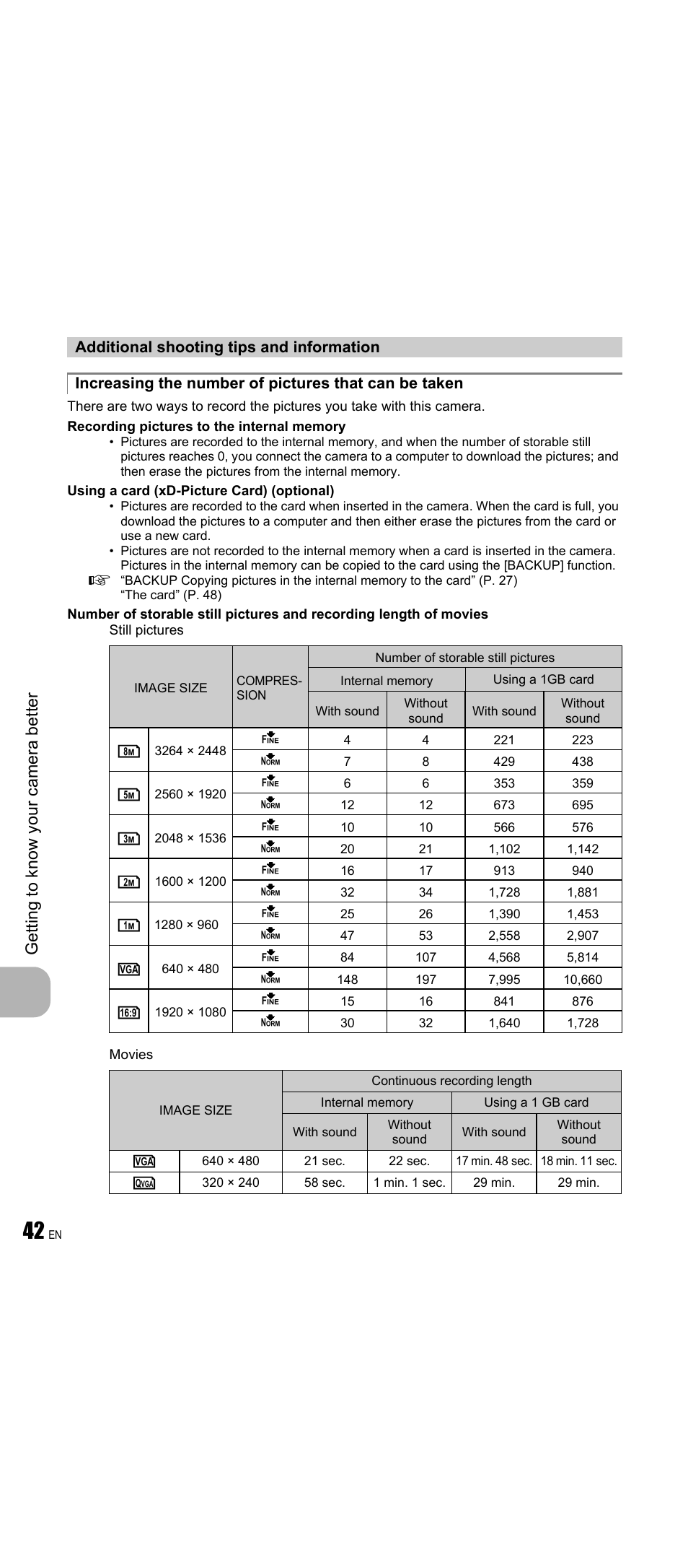 Additional shooting tips and information | Olympus FE-350 Wide User Manual | Page 42 / 63