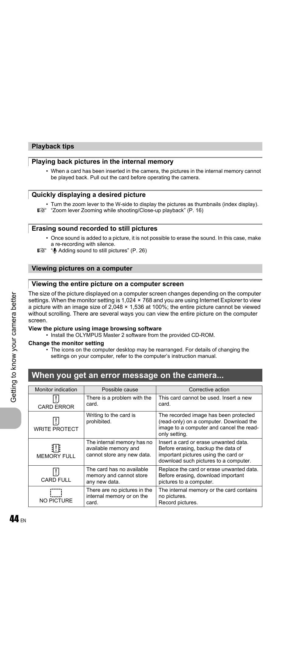 Playback tips, Playing back pictures in the internal memory, Quickly displaying a desired picture | Erasing sound recorded to still pictures, Viewing pictures on a computer, Viewing the entire picture on a computer screen, When you get an error message on the camera | Olympus FE-350 Wide User Manual | Page 44 / 63