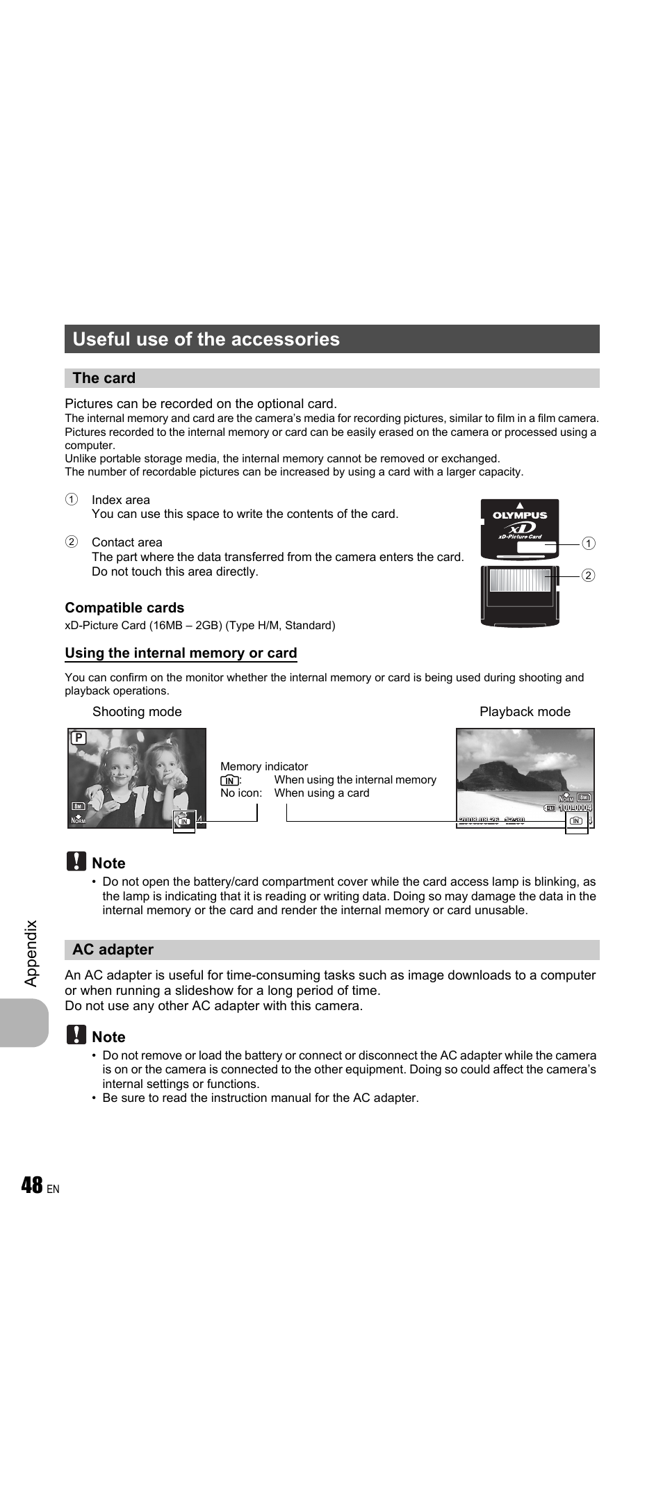 Useful use of the accessories, The card, Ac adapter | App endi x, The card ac adapter, Compatible cards, Pictures can be recorded on the optional card, Shooting mode playback mode | Olympus FE-350 Wide User Manual | Page 48 / 63
