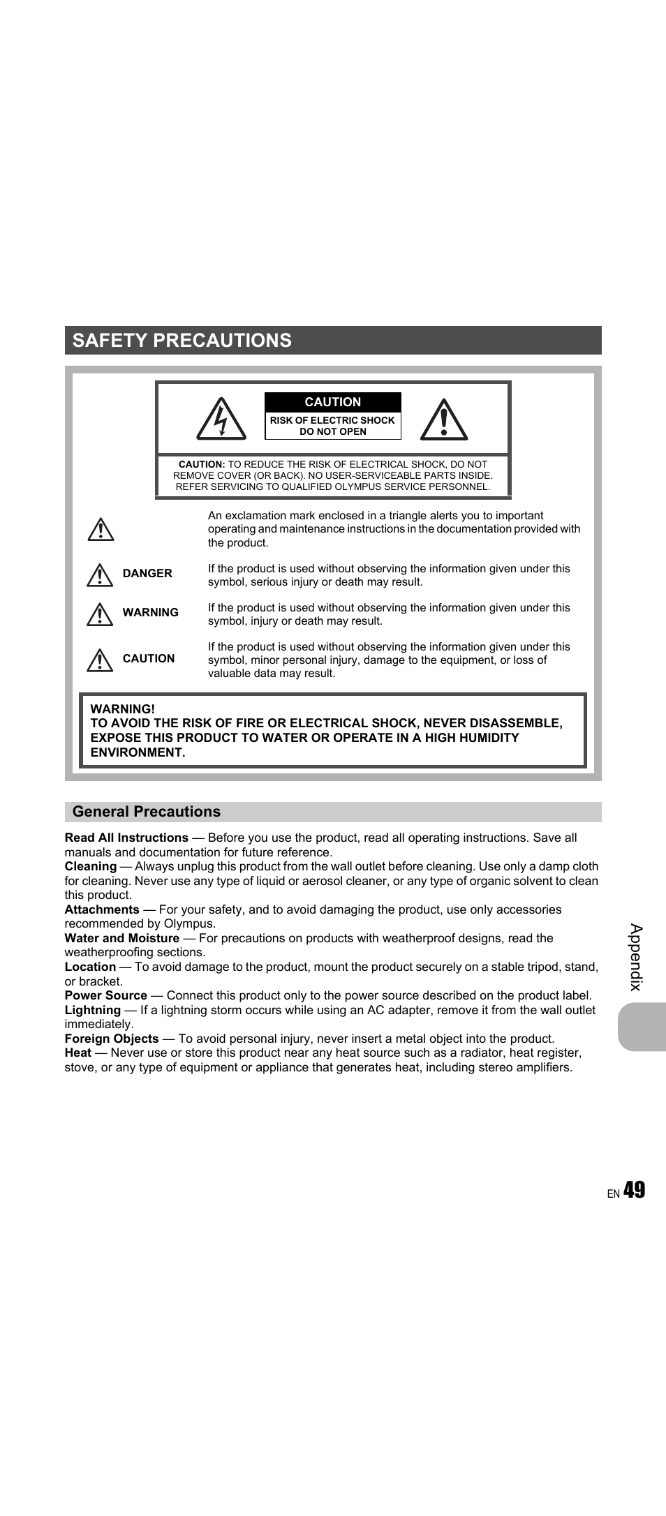 Safety precautions, Ap pend ix, General precautions | Olympus FE-350 Wide User Manual | Page 49 / 63
