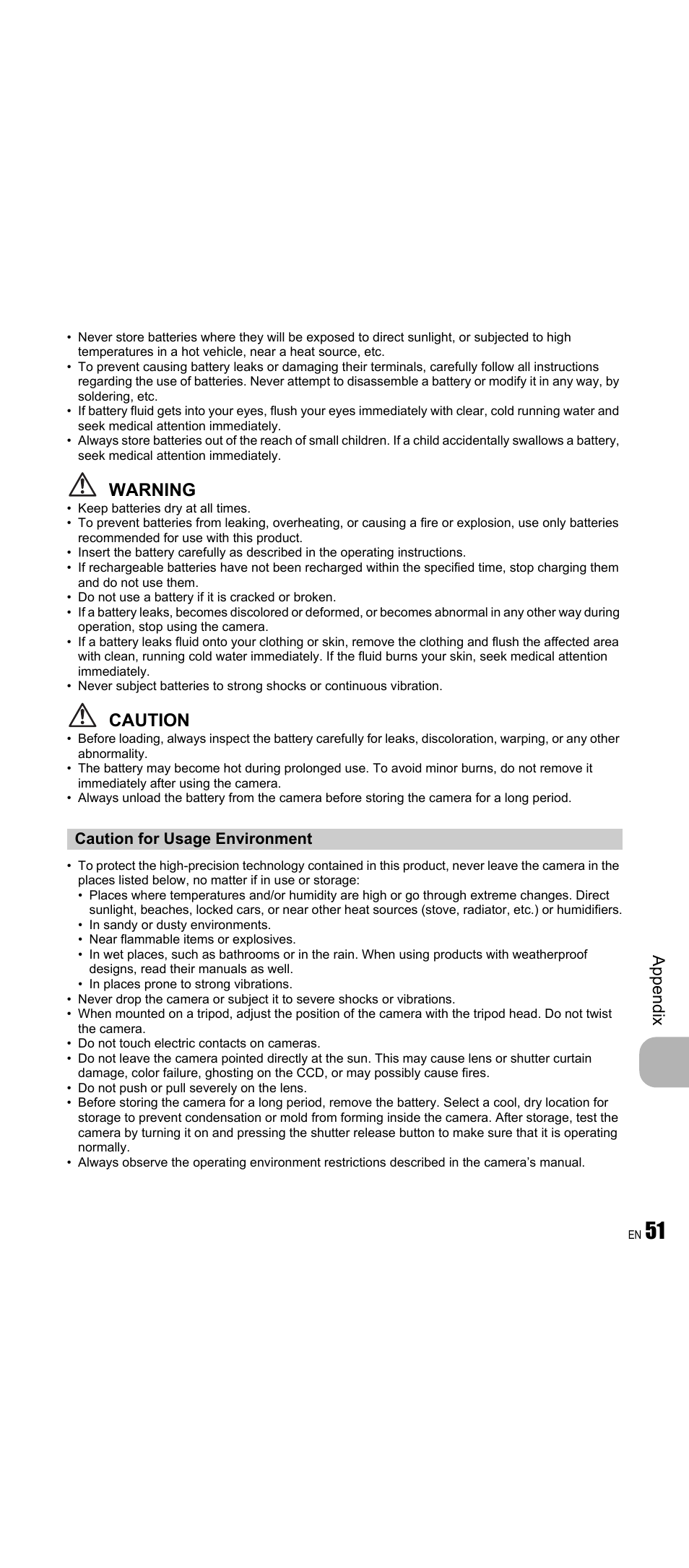 Warning, Caution, Ap pend ix | Olympus FE-350 Wide User Manual | Page 51 / 63
