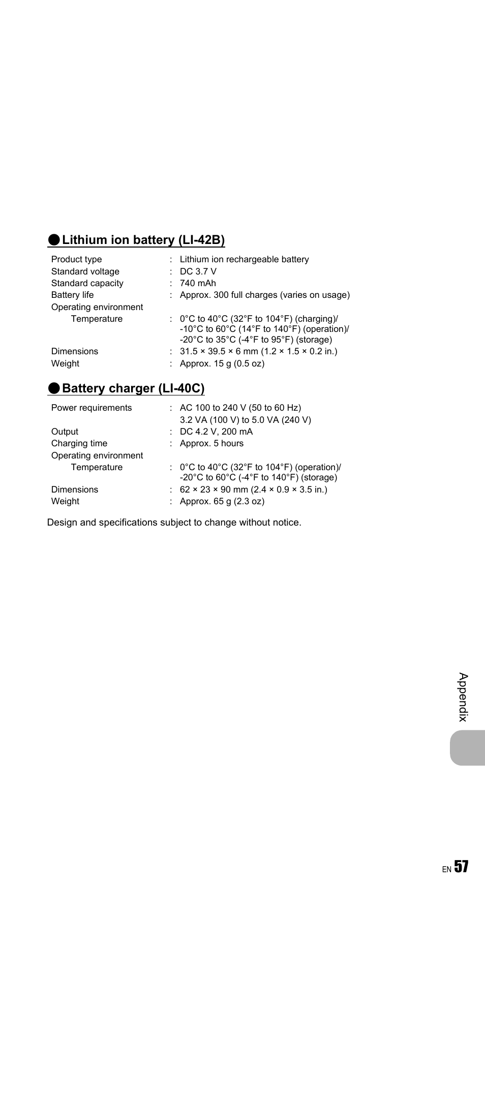 Lithium ion battery (li-42b), Battery charger (li-40c), Ap pend ix | Olympus FE-350 Wide User Manual | Page 57 / 63