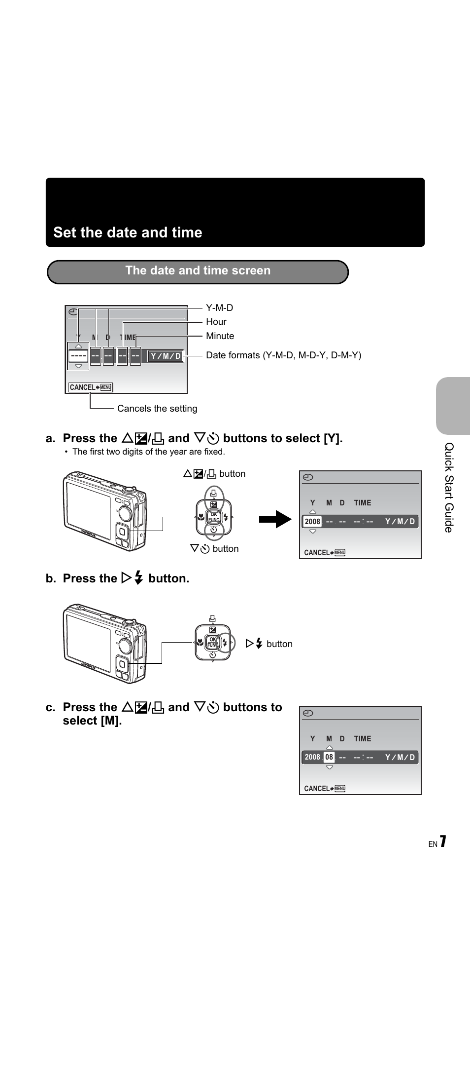 7set the date and time, A. press the of / < and ny buttons to select [y, Quick start guide | Olympus FE-350 Wide User Manual | Page 7 / 63