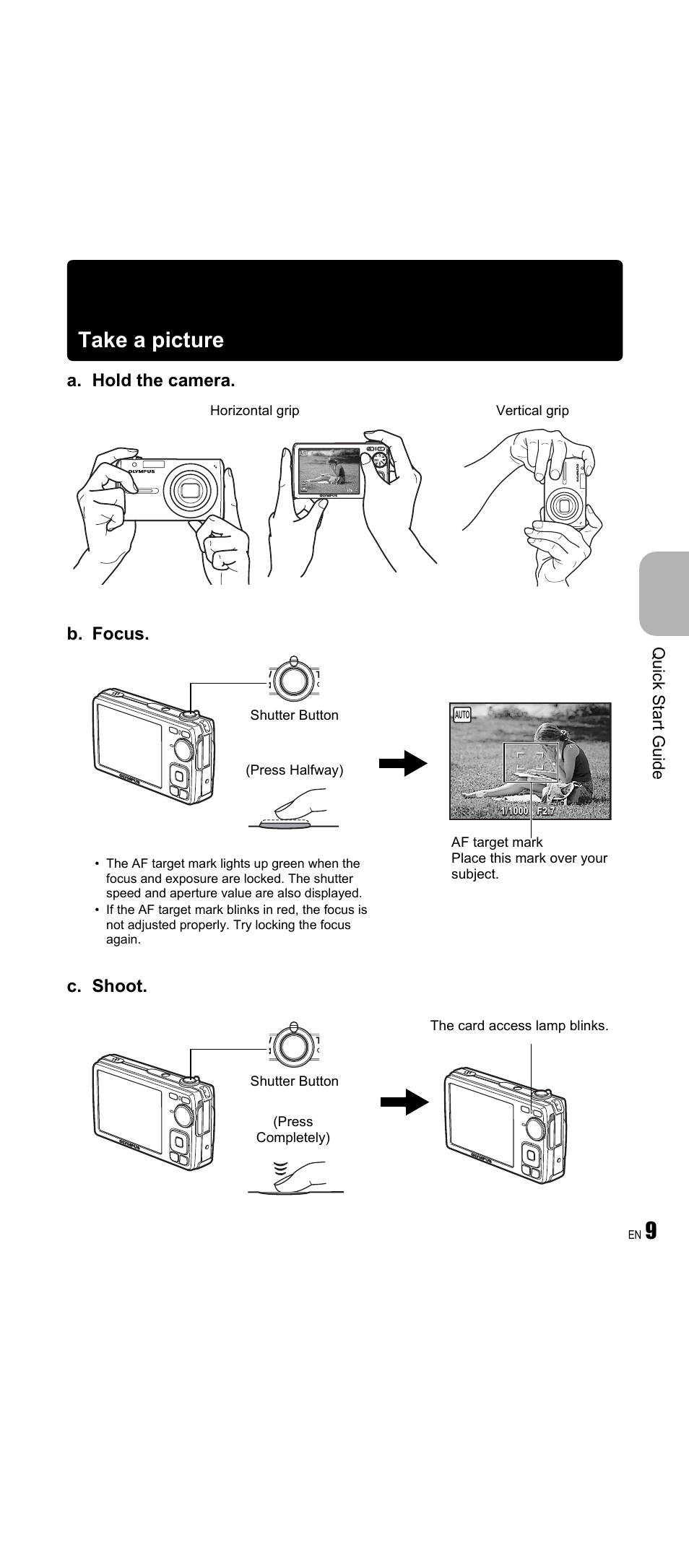 9take a picture, A. hold the camera. c. shoot, B. focus | Quick start guide, Horizontal grip vertical grip, Shutter button (press halfway) | Olympus FE-350 Wide User Manual | Page 9 / 63