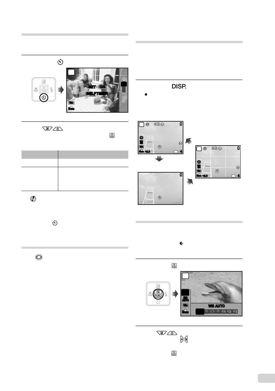 Using the self-timer, Increasing the brightness of the monitor, Changing the shooting information display | Using the func menu, 21 en using the self-timer, Press the y button, Press the g button, Press the b button | Olympus FE-5010 User Manual | Page 21 / 59