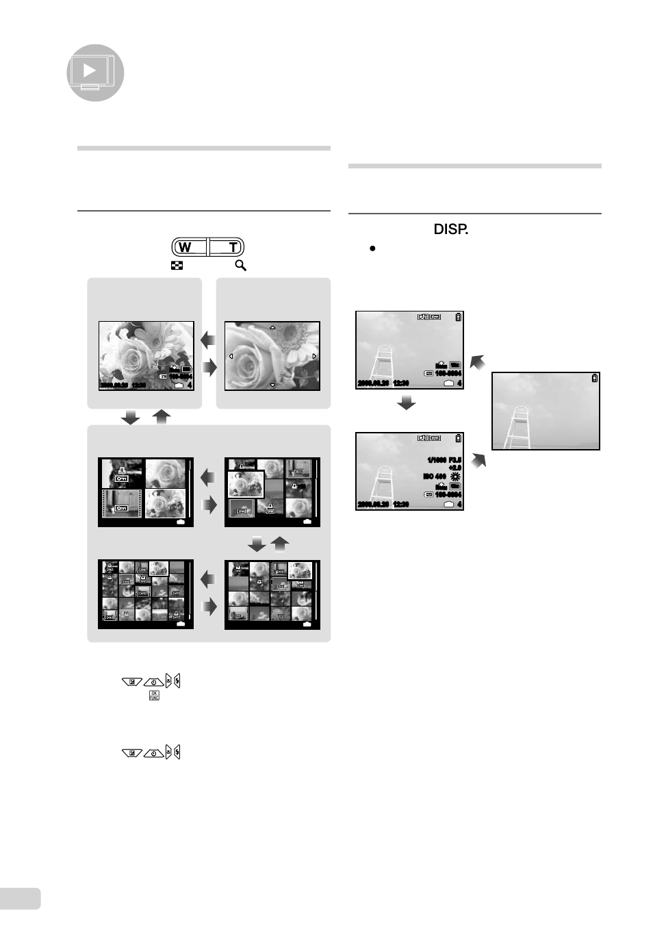 Using playback features, Index view and close-up view, Changing the image information display | 22 en, Press the g button, Press the zoom buttons, Use klmn to move the viewing area | Olympus FE-5010 User Manual | Page 22 / 59