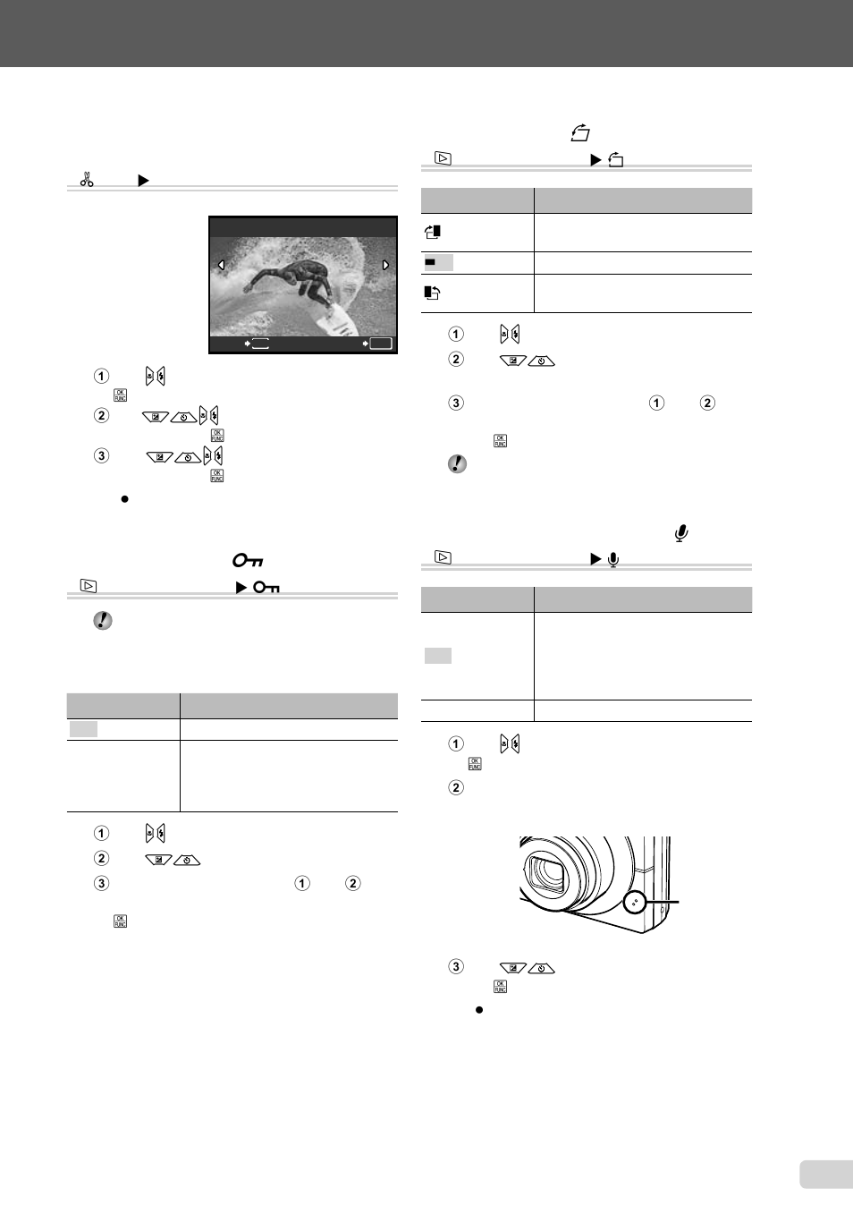 Creating an index of 9 frames from a movie, Protecting images, Rotating images | Adding sound to still images, 29 en, Protecting images [ 0 ] j, Rotating images [ y ] j, Adding sound to still images [ r ] j | Olympus FE-5010 User Manual | Page 29 / 59