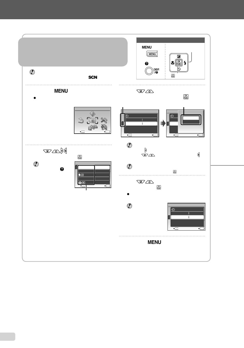 Using the menu using the menu, Three types of setting operations, 3 en | Press the m button, Button, Use kl to select submenu 2, and press the b button, Press the m button to complete the setting | Olympus FE-5010 User Manual | Page 3 / 59