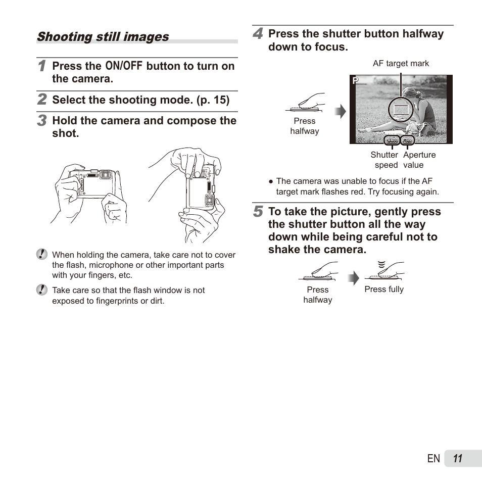 Shooting, Shooting still images | Olympus TG835 User Manual | Page 11 / 101