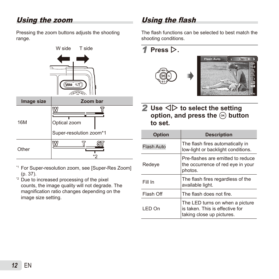 Using the zoom, Using the fl ash, 12 en | Press i | Olympus TG835 User Manual | Page 12 / 101