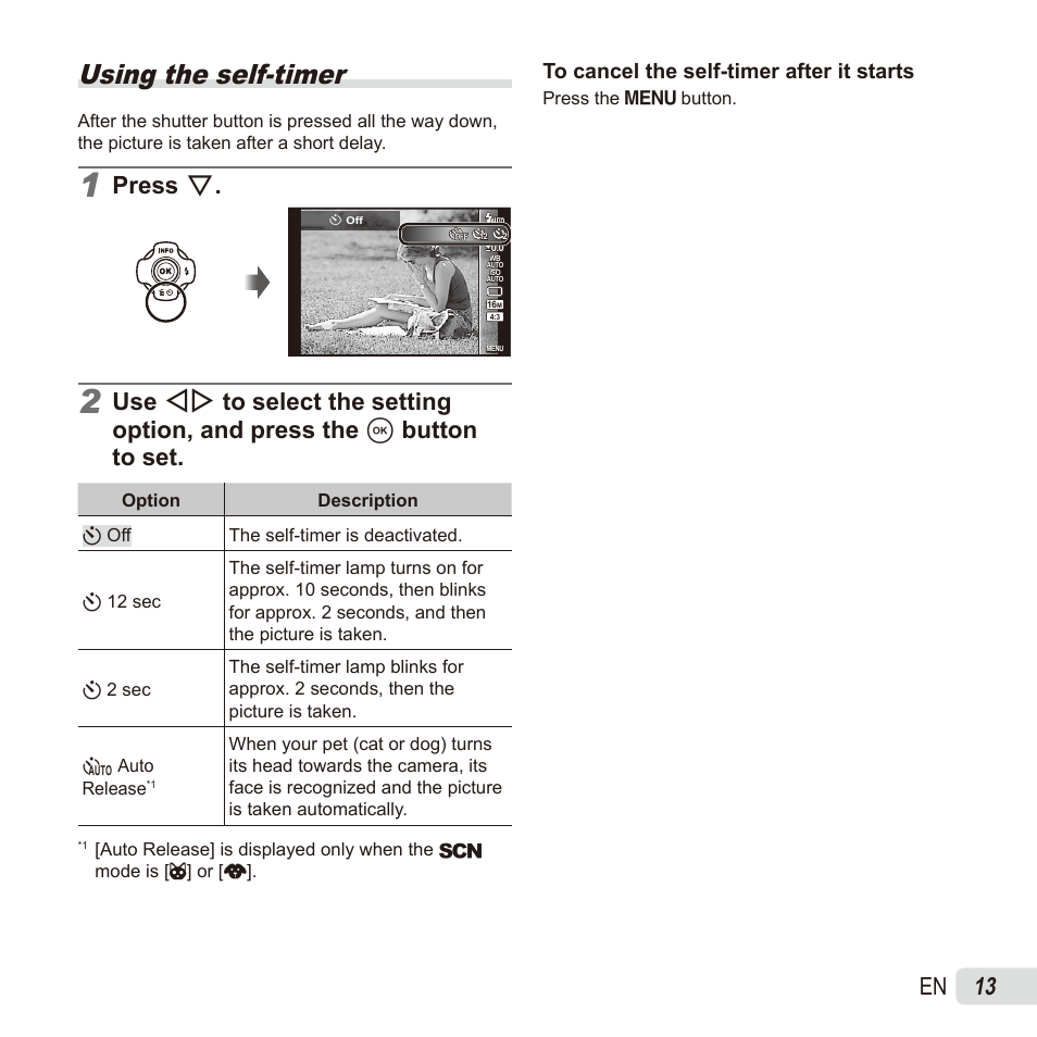 Using the self-timer, 13 en, Press g | Olympus TG835 User Manual | Page 13 / 101