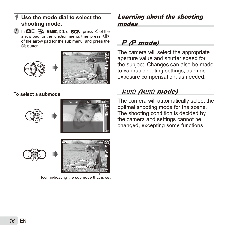 Learning about the shooting modes p ( p mode), M( m mode), 16 en | Use the mode dial to select the shooting mode | Olympus TG835 User Manual | Page 16 / 101