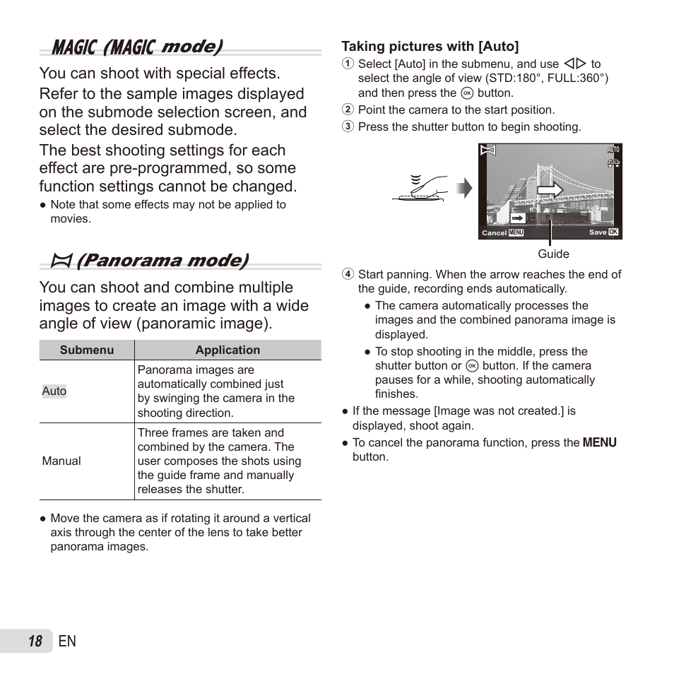 P( p mode), P(panorama mode), 18 en | Olympus TG835 User Manual | Page 18 / 101