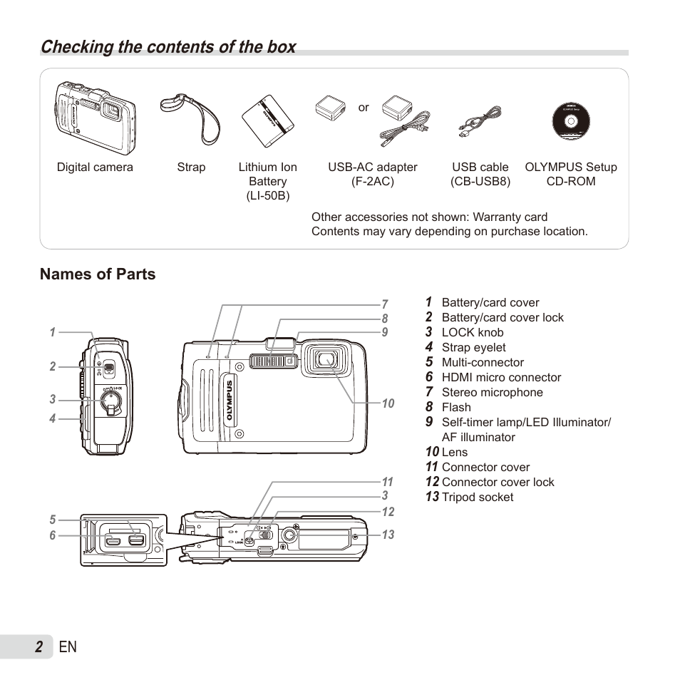 Preparing the camera, Checking the contents of the box, 2 en | Names of parts | Olympus TG835 User Manual | Page 2 / 101