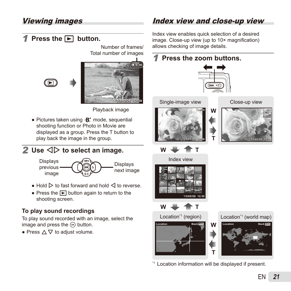 Playback, Viewing images, Index view and close-up view | 21 en, Press the q button, Use hi to select an image, Press the zoom buttons | Olympus TG835 User Manual | Page 21 / 101