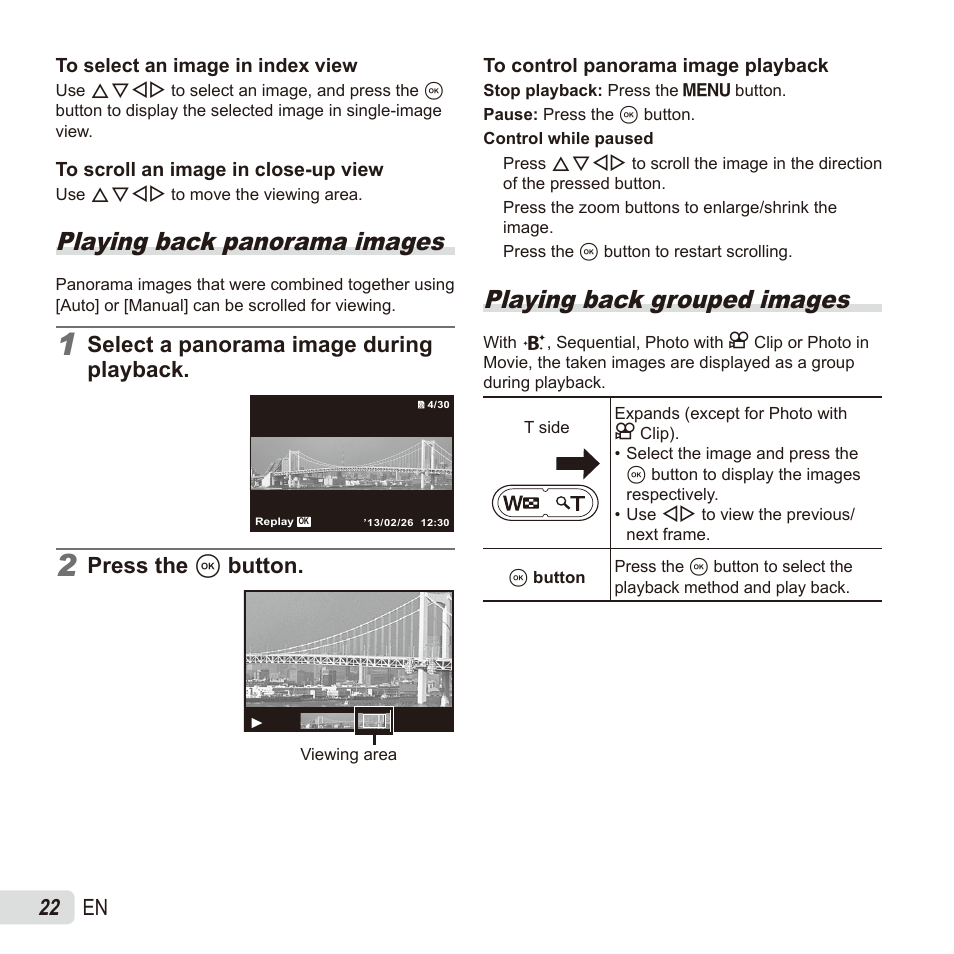 Playing back panorama images, Playing back grouped images, 22 en | Select a panorama image during playback, Press the a button | Olympus TG835 User Manual | Page 22 / 101