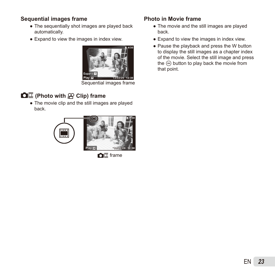 23 en, Sequential images frame, Photo with (photo with a a clip) frame clip) frame | Photo in movie frame | Olympus TG835 User Manual | Page 23 / 101