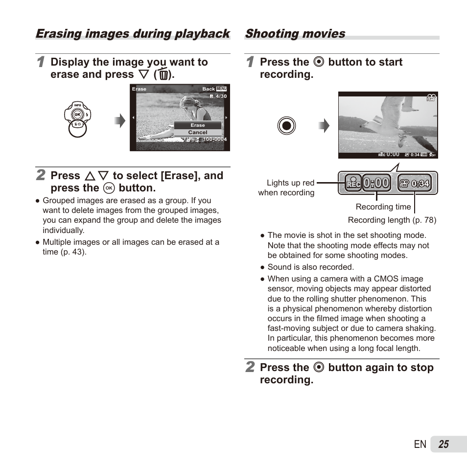 Erasing, Shooting movies, Erasing images during playback | 25 en, Press fg to select [erase], and press the a button, Press the r button to start recording, Press the r button again to stop recording | Olympus TG835 User Manual | Page 25 / 101