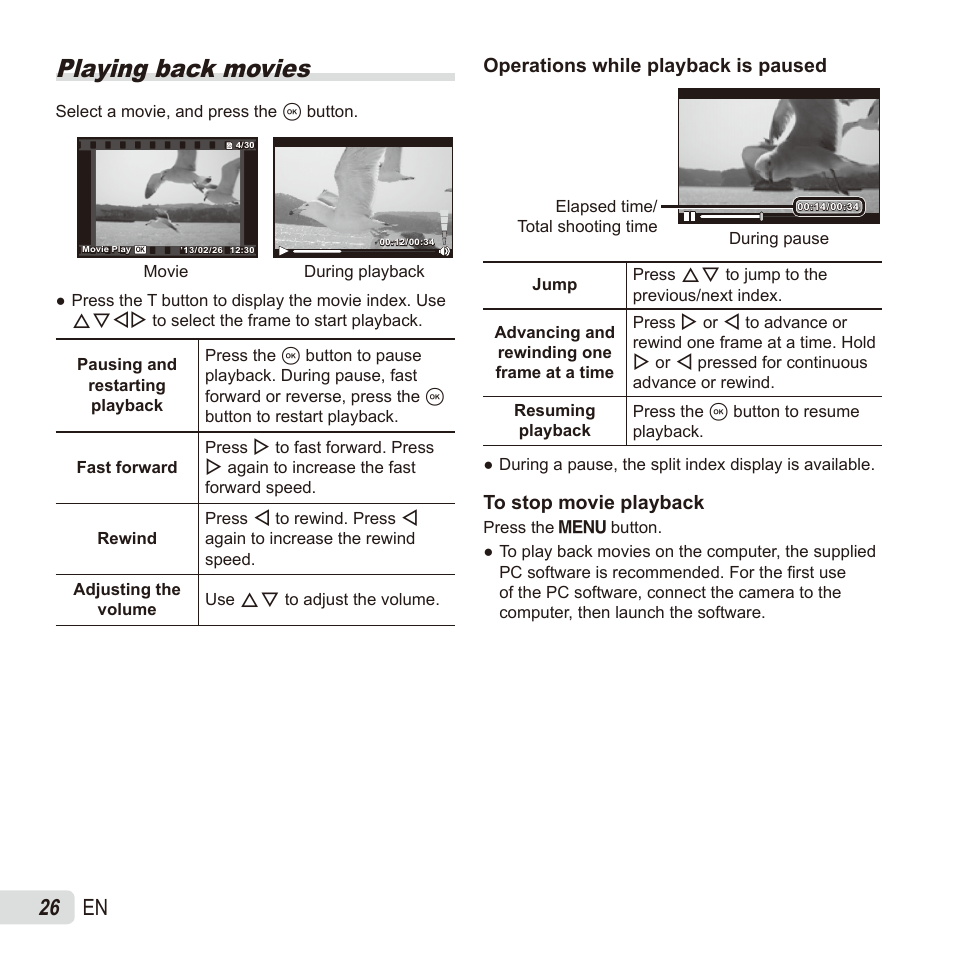 Playing back movies, 26 en, Operations while playback is paused | Olympus TG835 User Manual | Page 26 / 101