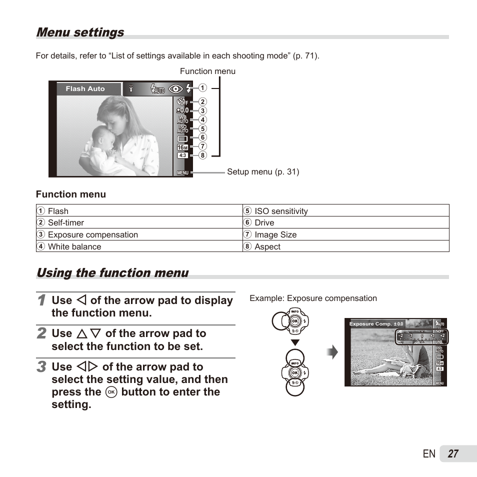 Menu settings, Using the function menu, 27 en | Function menu | Olympus TG835 User Manual | Page 27 / 101