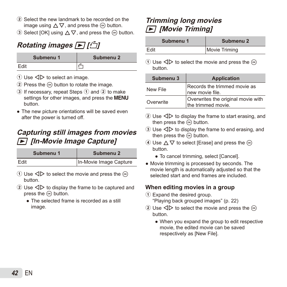 Rotating images, Rotating images q q [ [ y y, Capturing still images from movies | Trimming long movies, 42 en | Olympus TG835 User Manual | Page 42 / 101