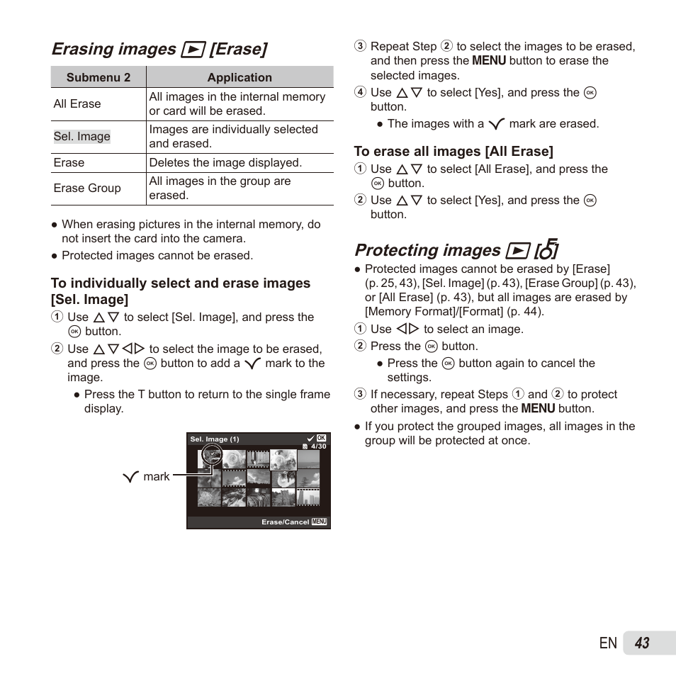 Erasing images, Erasing images q q [erase] [erase, Protecting images | Protecting images q q [ [ r r, 43 en | Olympus TG835 User Manual | Page 43 / 101