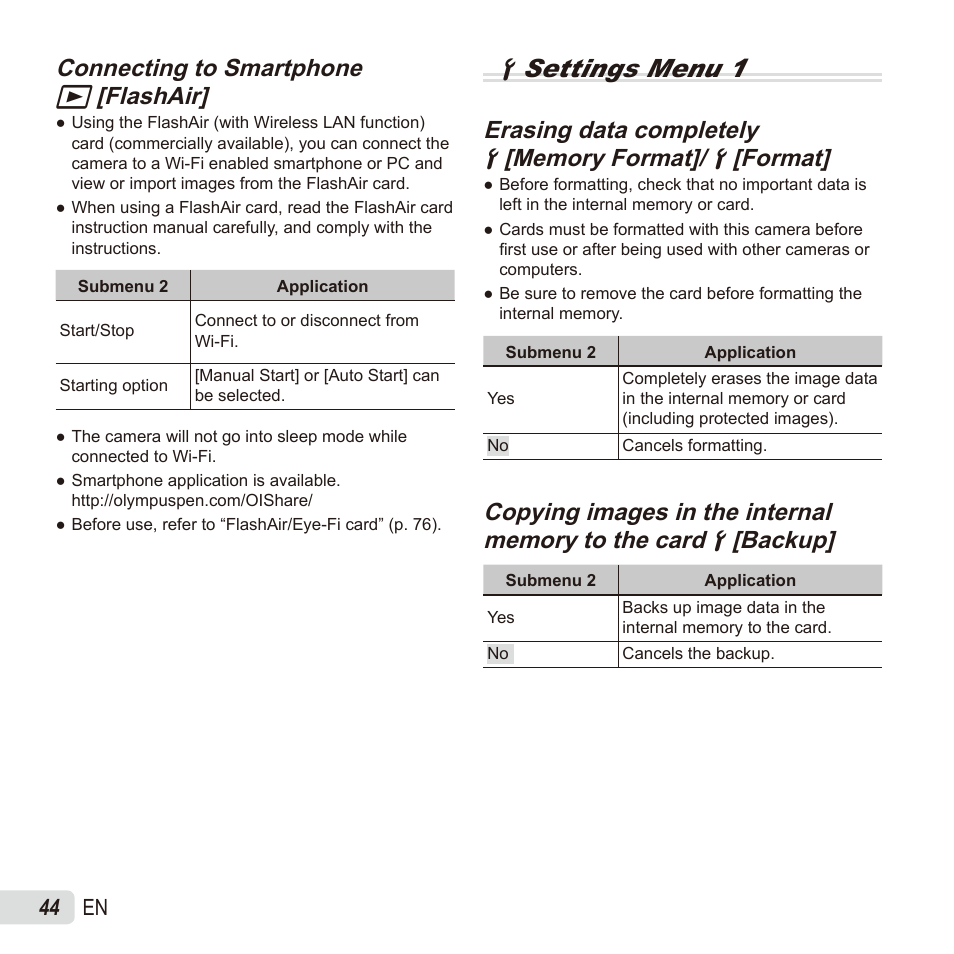 Dsettings menu 1, Connecting to smartphone, Connecting to smartphone q q [flashair] [flashair | Erasing data completely | Olympus TG835 User Manual | Page 44 / 101