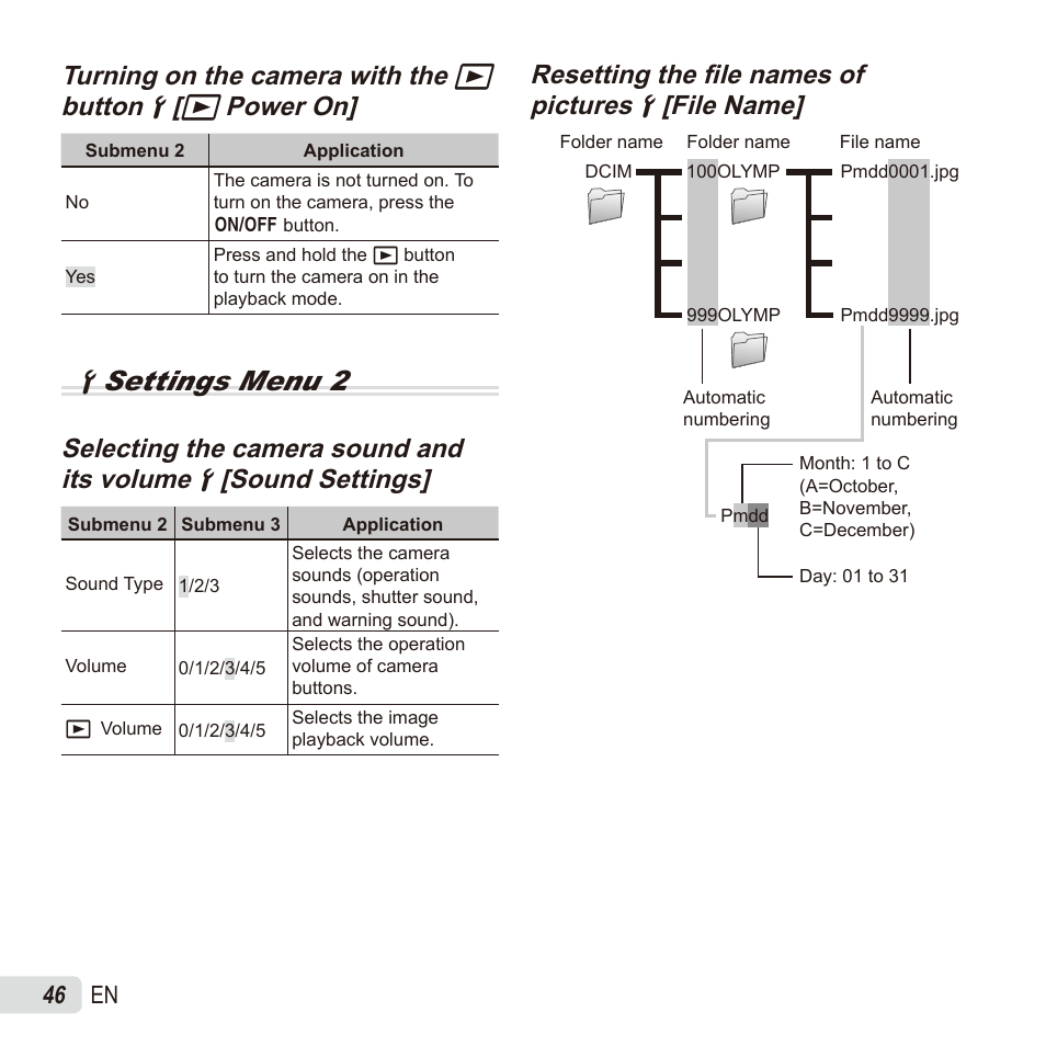 Dsettings menu 2, Turning on the camera with the | Olympus TG835 User Manual | Page 46 / 101