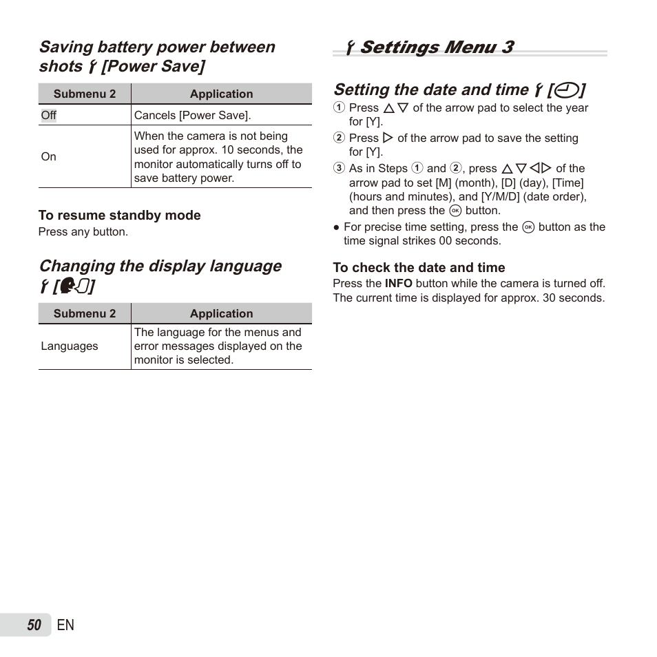 Dsettings menu 3, Changing the display language, Changing the display language dd [ [ l l | Setting the date and time, Setting the date and time dd [ [ x x | Olympus TG835 User Manual | Page 50 / 101