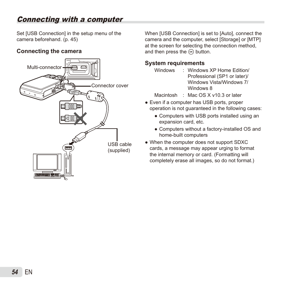 Connecting with a computer, 54 en | Olympus TG835 User Manual | Page 54 / 101