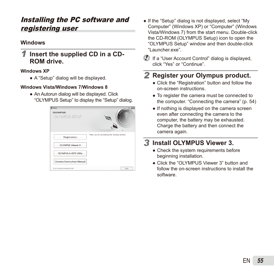 Installing the pc software and registering user, 55 en, Insert the supplied cd in a cd- rom drive | Register your olympus product, Install olympus viewer 3 | Olympus TG835 User Manual | Page 55 / 101