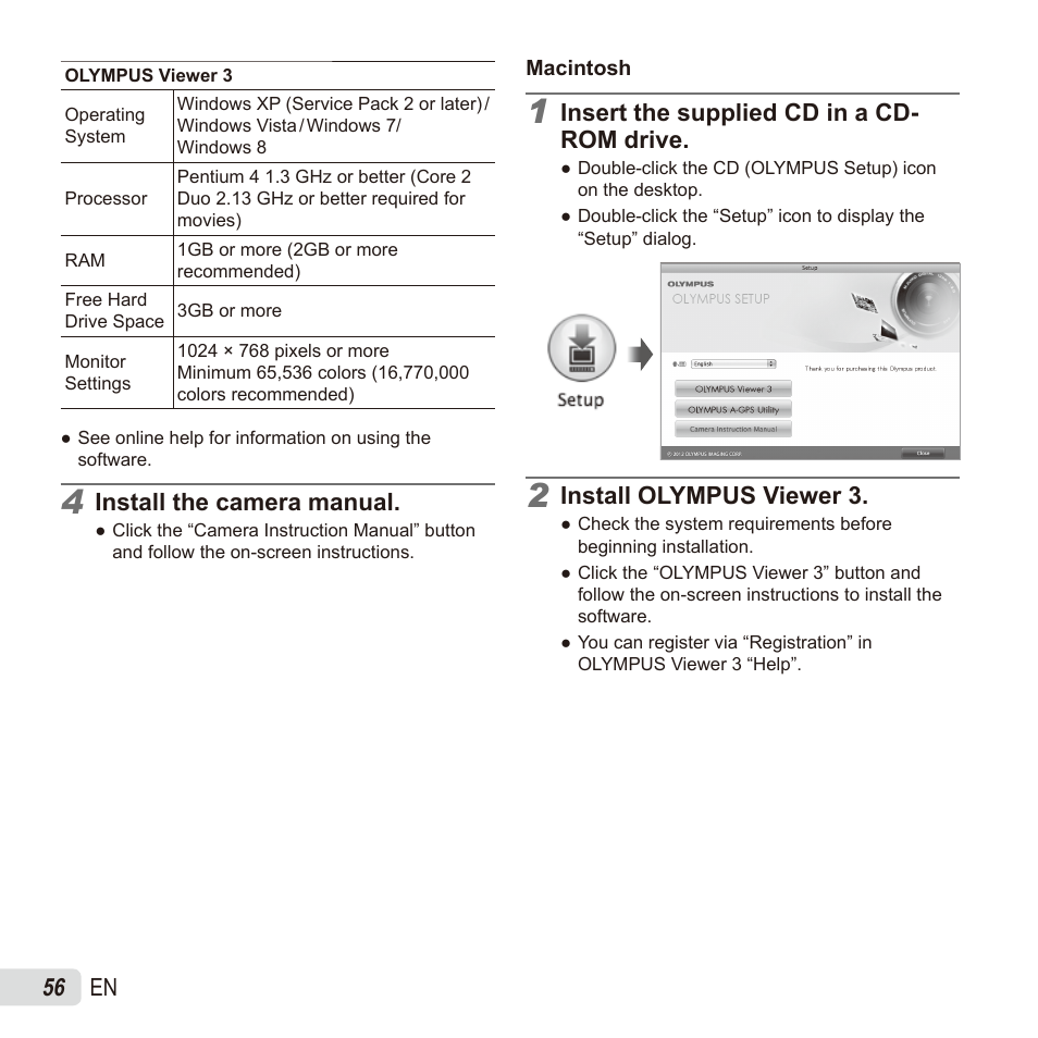 56 en, Install the camera manual, Insert the supplied cd in a cd- rom drive | Install olympus viewer 3 | Olympus TG835 User Manual | Page 56 / 101