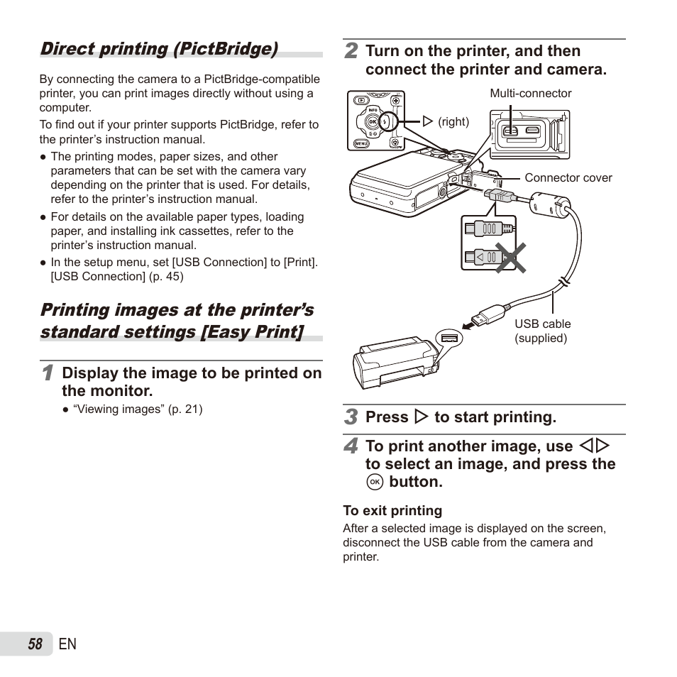 Printing, Direct printing (pictbridge) | Olympus TG835 User Manual | Page 58 / 101