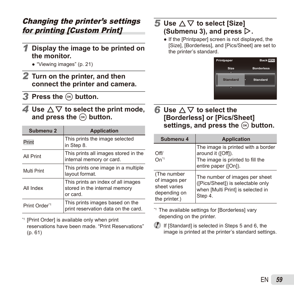 59 en, Display the image to be printed on the monitor, Press the a button | Use fg to select [size] (submenu 3), and press i | Olympus TG835 User Manual | Page 59 / 101