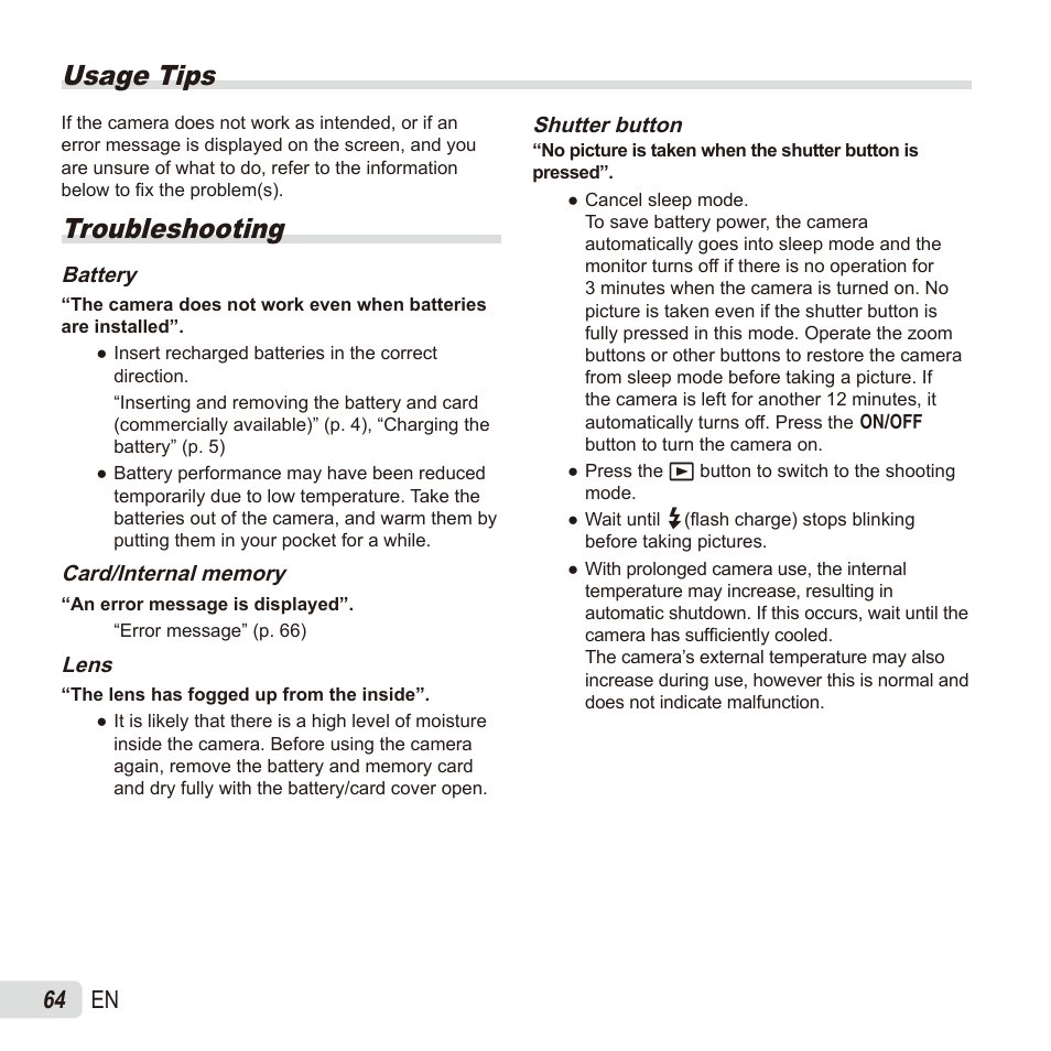 Usage tips, Troubleshooting, 64 en | Olympus TG835 User Manual | Page 64 / 101