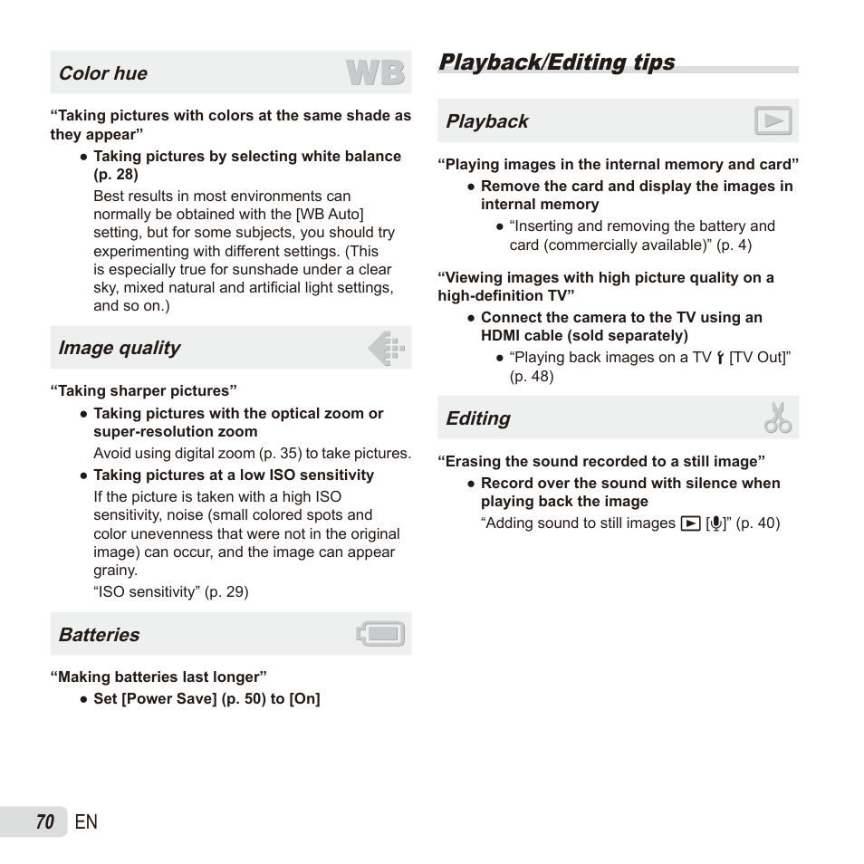 Playback/editing tips, 70 en, Color hue | Image quality, Batteries, Playback, Editing | Olympus TG835 User Manual | Page 70 / 101