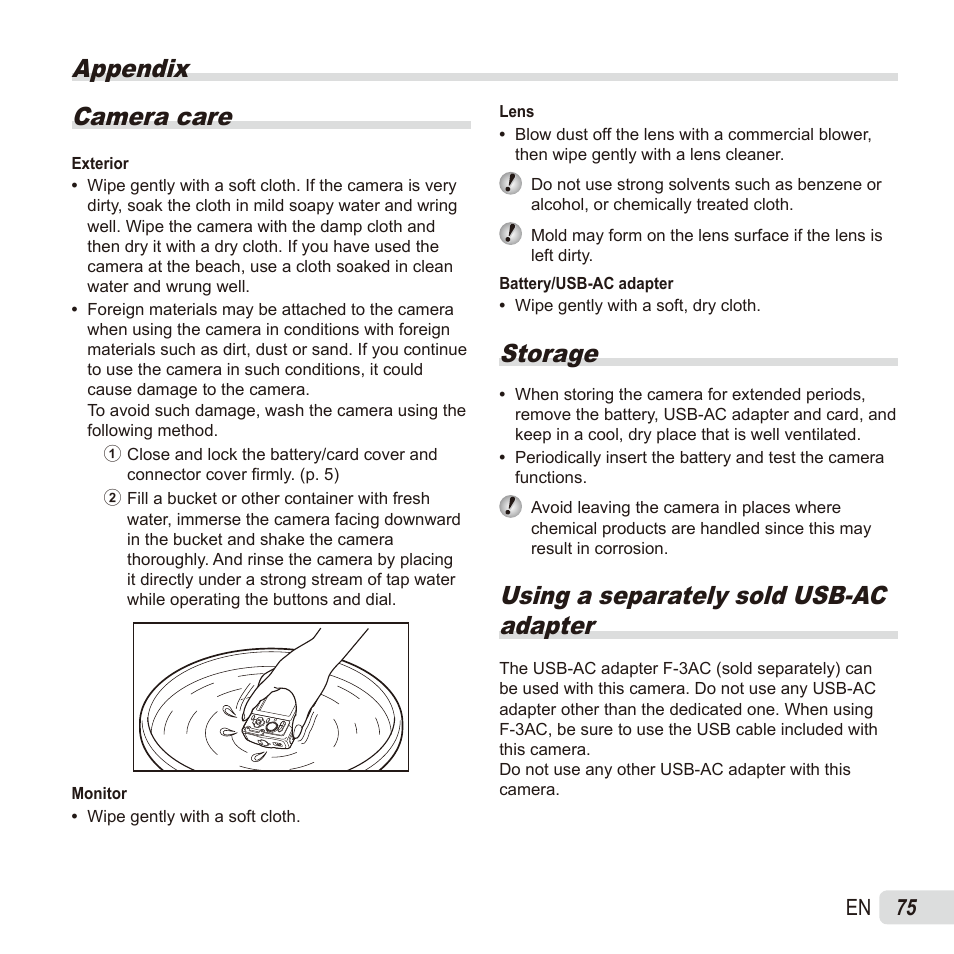 Appendix, Appendix camera care, Storage | Using a separately sold usb-ac adapter, 75 en | Olympus TG835 User Manual | Page 75 / 101