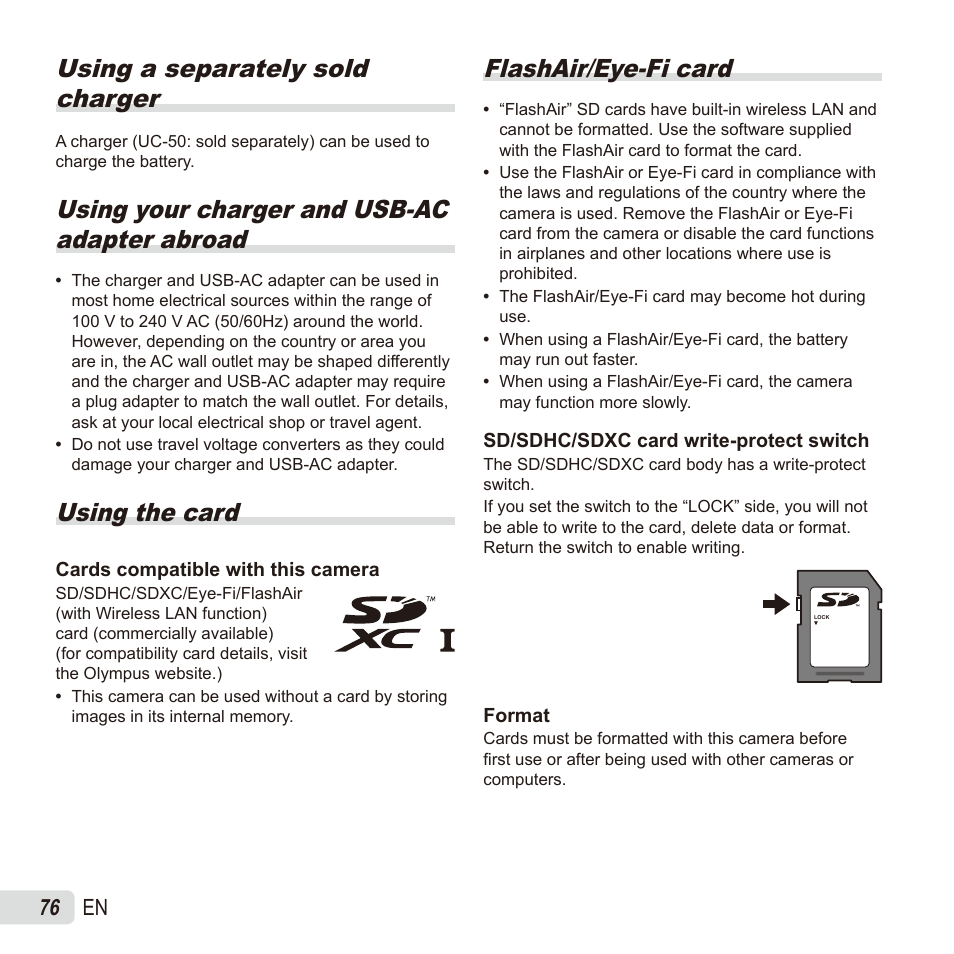 Using a separately sold charger, Using your charger and usb-ac adapter abroad, Using the card | Flashair/eye-fi card, 76 en | Olympus TG835 User Manual | Page 76 / 101