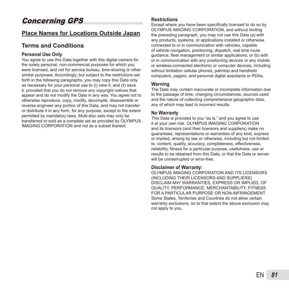 Concerning gps, 81 en | Olympus TG835 User Manual | Page 81 / 101