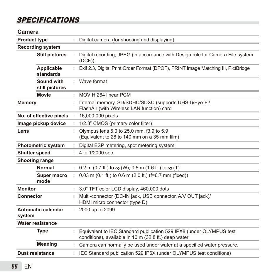 Specifications, 88 en | Olympus TG835 User Manual | Page 88 / 101