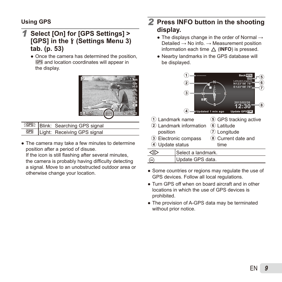 Press info button in the shooting display, Using gps | Olympus TG835 User Manual | Page 9 / 101