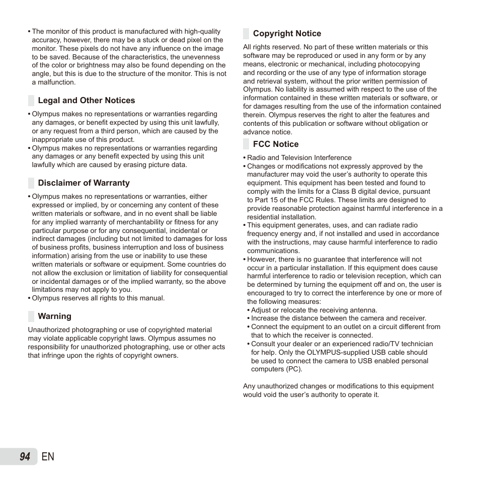 94 en | Olympus TG835 User Manual | Page 94 / 101