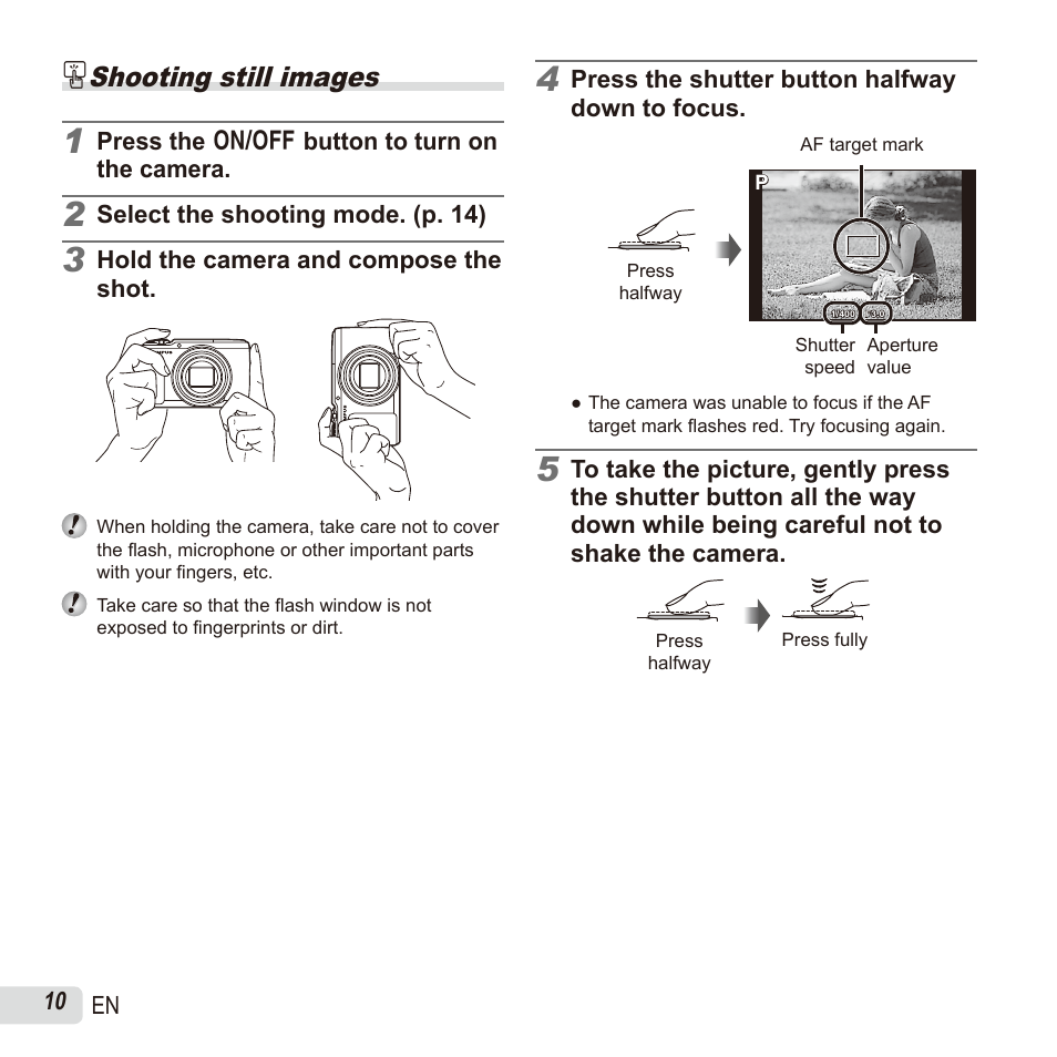 Shooting, Shooting still images | Olympus SH60 User Manual | Page 10 / 88