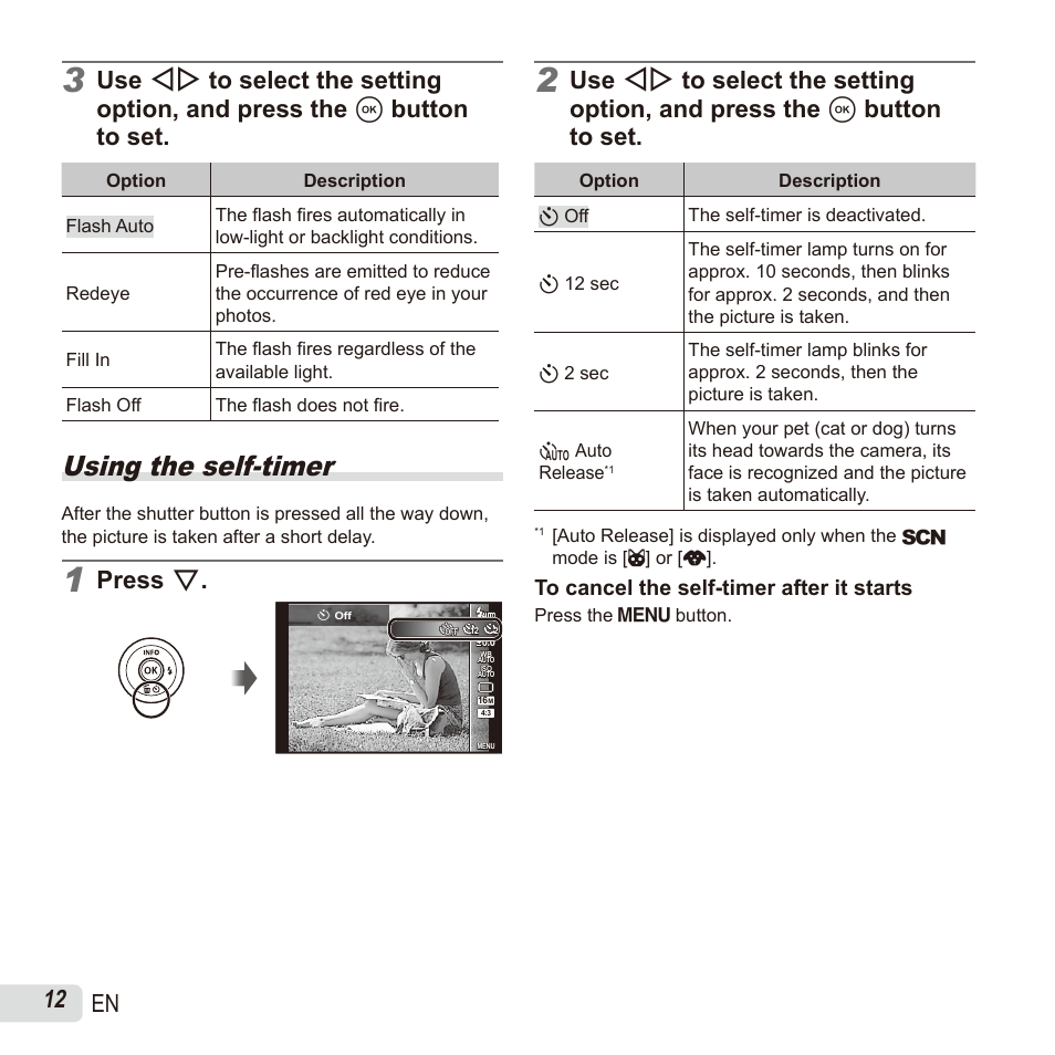 Using the self-timer, 12 en, Press g | Olympus SH60 User Manual | Page 12 / 88